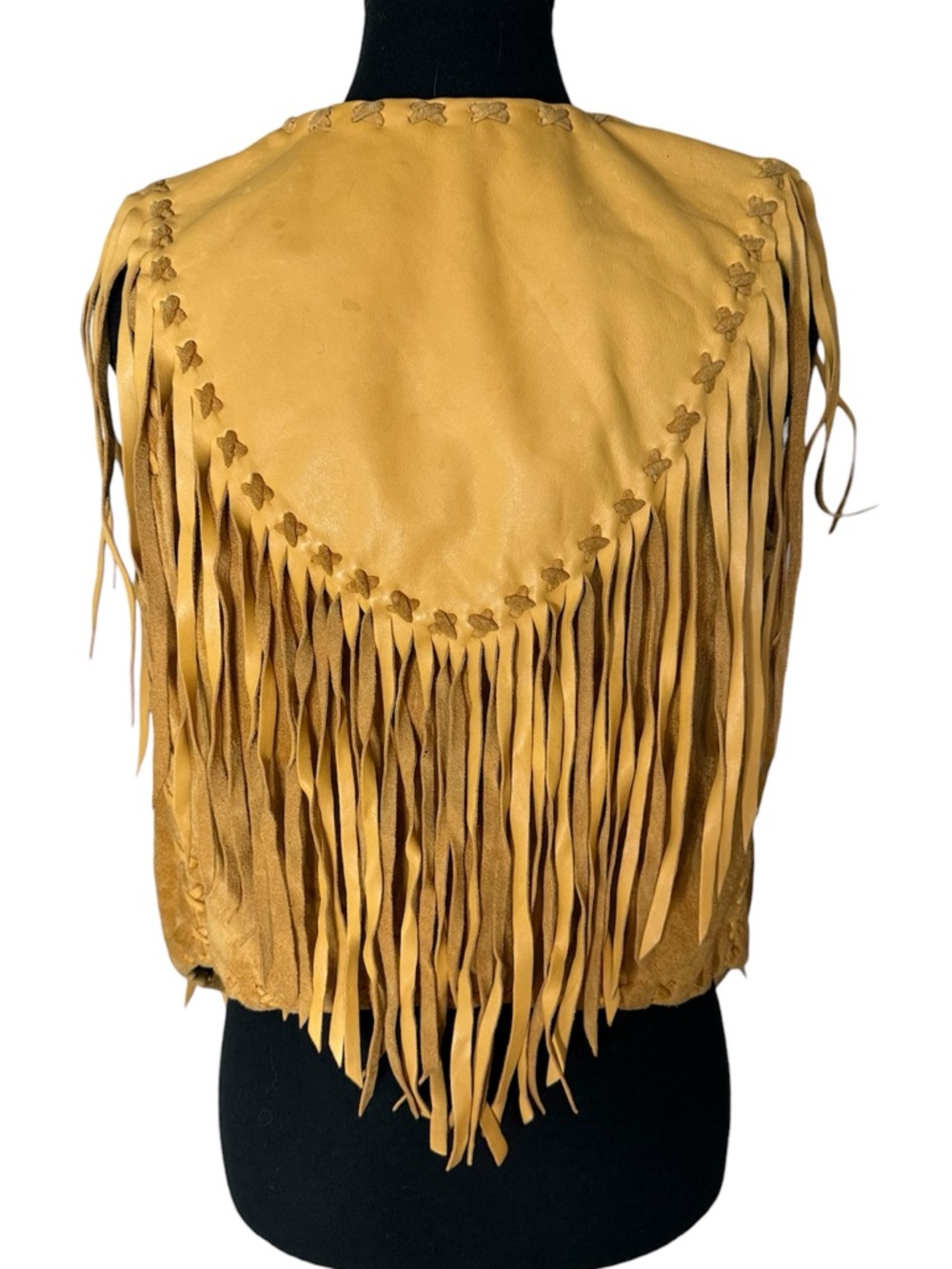 Vintage Yellow Tan Leather Suede Crop Vest Fringe Braided Seams Boho Lined Small - Picture 2 of 16